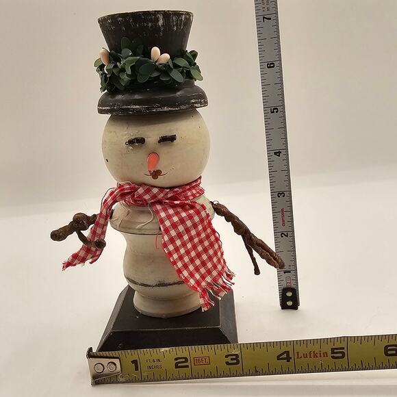 Primitive Snowman Candle Holder Handcrafted Folk Art Christmas Decor Black Hat - Picture 7 of 8